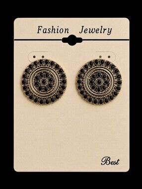 3/$30 Vtg BEST Ethnic Black and Silvertone Round Mandala Earrings